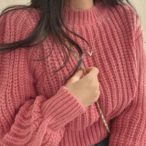 Pink chunky knit sweater for women with cozy texture and full sleeves, stylish winter wear