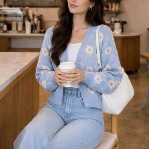 Blue daisy knit cardigan for women with button front and cozy casual styling, perfect for everyday wear
