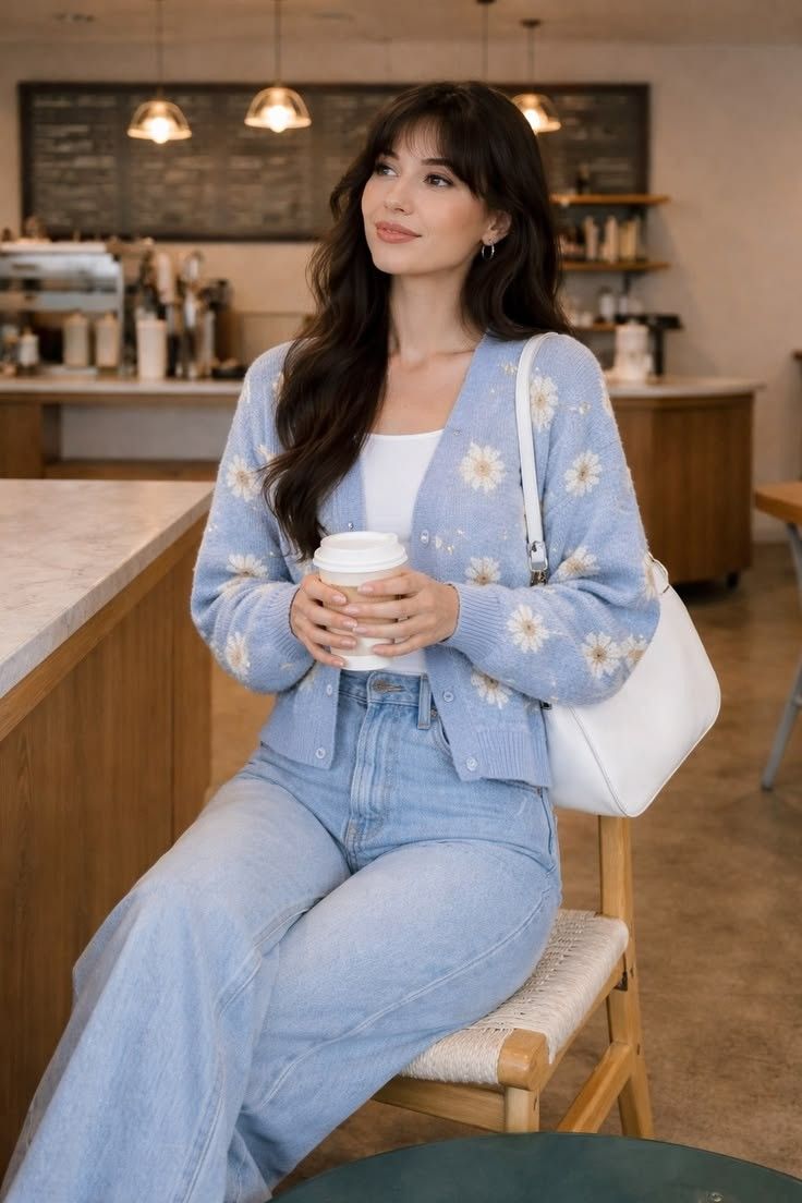 Blue daisy knit cardigan for women with button front and cozy casual styling, perfect for everyday wear
