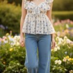 Sheer floral peplum top for women with tie-up neckline and ruffle sleeves, casual chic outfit with jeans