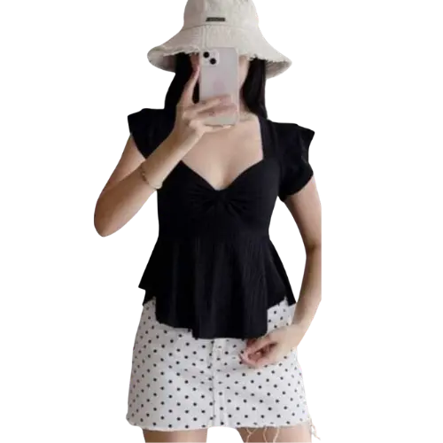Elegant Black Ruched Peplum Top for Women