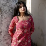 Pink floral printed short kurti for women with square neckline and full sleeves, stylish casual ethnic wear