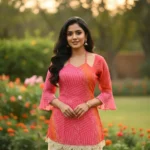 Elegant pink ombre printed kurti for women with bell sleeves and lace hem, perfect for festive and casual wear