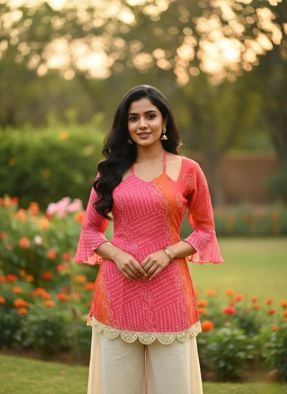 Elegant pink ombre printed kurti for women with bell sleeves and lace hem, perfect for festive and casual wear
