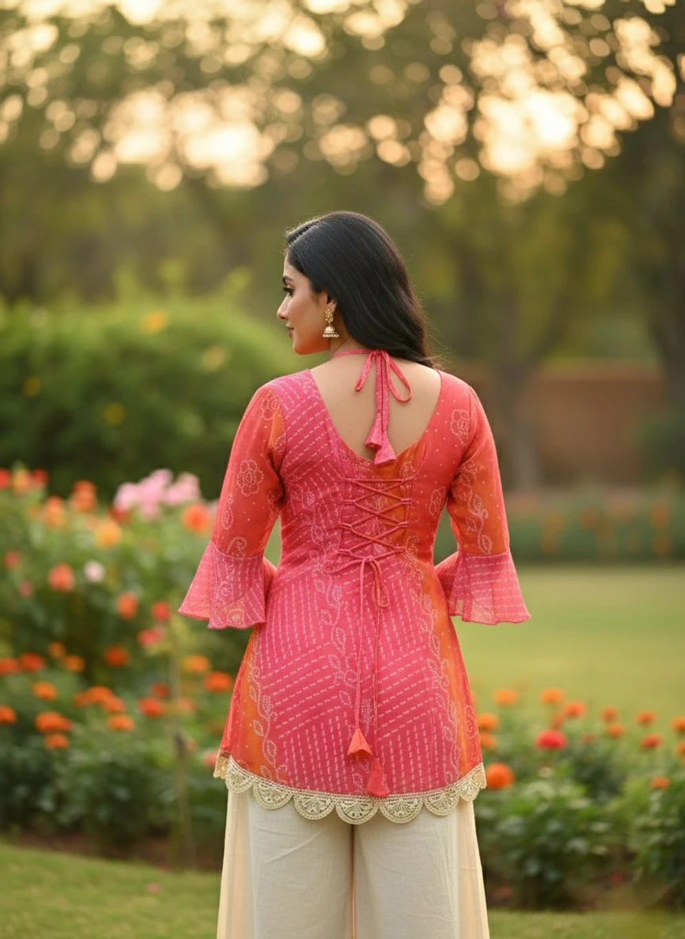 Elegant Pink Ombre Printed Kurti with Lace Hem – Festive & Casual Wear