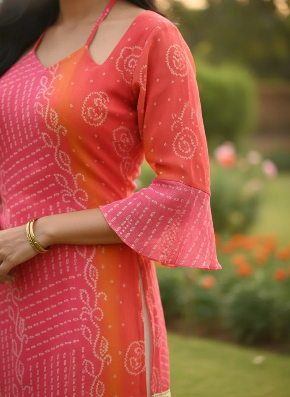 Elegant Pink Ombre Printed Kurti with Lace Hem – Festive & Casual Wear