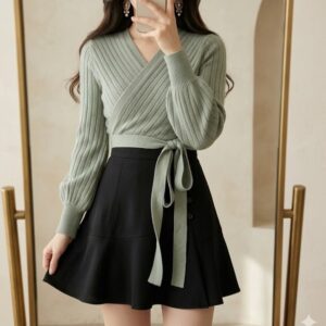 Sage green wrap knit top for women with tie waist and ribbed texture, elegant casual winter outfit
