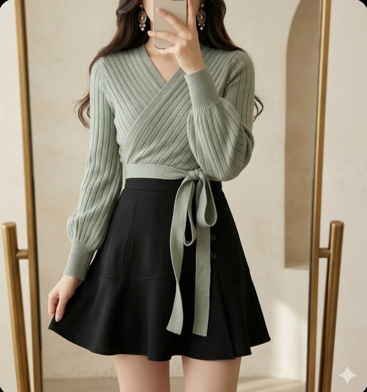 Sage green wrap knit top for women with tie waist and ribbed texture, elegant casual winter outfit