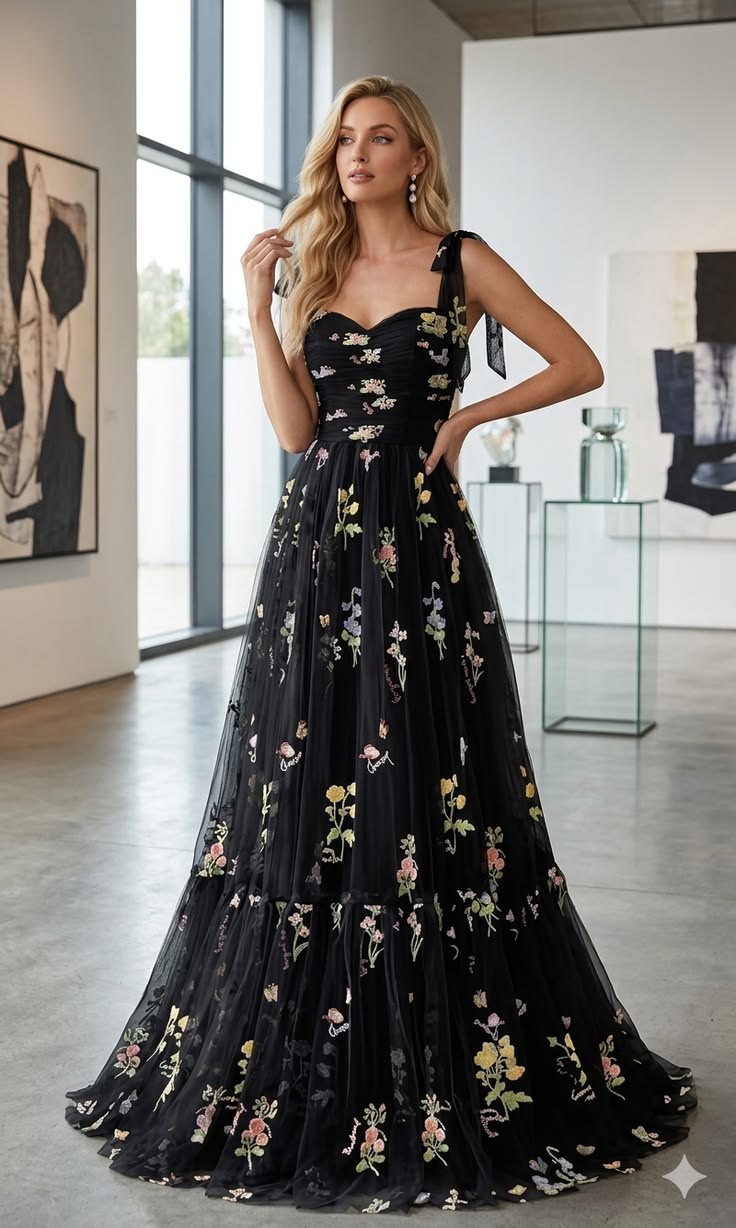 Noir Fleur Embroidered Gown