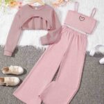 Beige 3 piece co ord set for women with crop sweatshirt, tube top and wide leg ribbed pants, casual lounge outfit