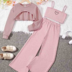 Beige 3 piece co ord set for women with crop sweatshirt, tube top and wide leg ribbed pants, casual lounge outfit