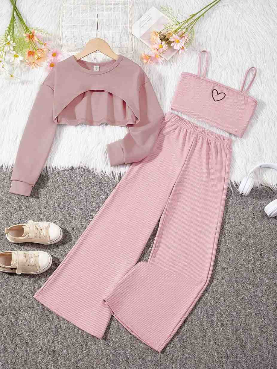 Beige 3 piece co ord set for women with crop sweatshirt, tube top and wide leg ribbed pants, casual lounge outfit