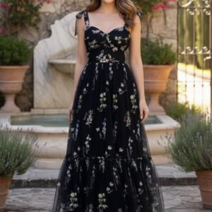 Black floral embroidered evening gown for women with flowy silhouette and elegant party wear design