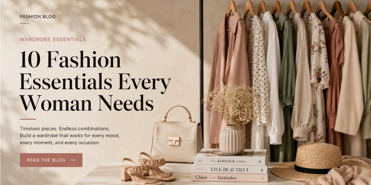 Women's fashion essentials including dresses, ethnic wear, western outfits, handbags, shoes, and wardrobe staples for 2026.